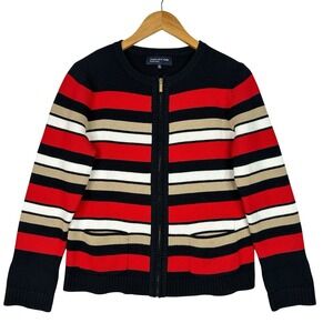 Jones New York Striped Zip Cardigan Sweater Red Black Tan Pockets Y2K Preppy M
